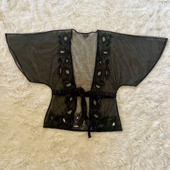 Vintage 90s Black Beaded Mesh Art Nouveau Top Ribbon Bow Glam Goth Victorian - Picture 9 of 10